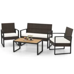 Tangkula Set Of 4 PE Rattan Patio Conversation Set Outdoor Porch Chairs Loveseat With Coffee Table And Soft Cushions Metal Frame -Tangkula Shop GUEST fb409e24 0a79 42fc 83e0 e7d7798945a0
