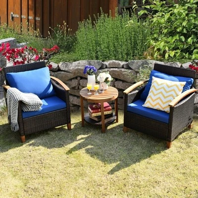 Tangkula 3-Piece Patio Wicker Rattan Conversation Set with Acacia Wood & Cushions 2 Tangkula 3-Piece Patio Wicker Rattan Conversation Set with Acacia Wood & Cushions - Image 2