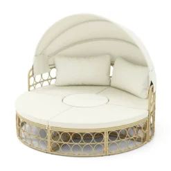 Tangkula Round Daybed W/ Retractable Canopy Soft Cushions For Patio Beige & Off White -Tangkula Shop GUEST fbe0e7ae f78d 4882 a99d b0f9e60792ed