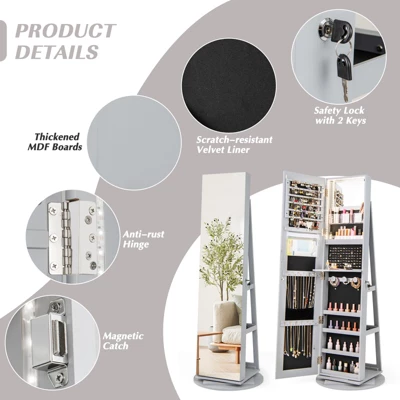 Tangkula 360° Rotating Mirrored Jewelry Cabinet Armoire 3 Color LED Modes Lockable Gray 5 Tangkula 360° Rotating Mirrored Jewelry Cabinet Armoire 3 Color LED Modes Lockable Gray - Image 5