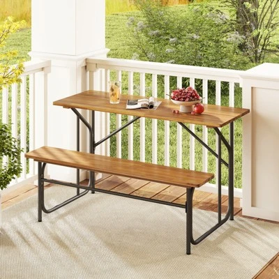 Tangkula Patio Table Bench Set For 2 Picnic Table & Loveseat W/Acacia Wood Top Metal Legs 2 Tangkula Patio Table Bench Set For 2 Picnic Table & Loveseat W/Acacia Wood Top Metal Legs - Image 2