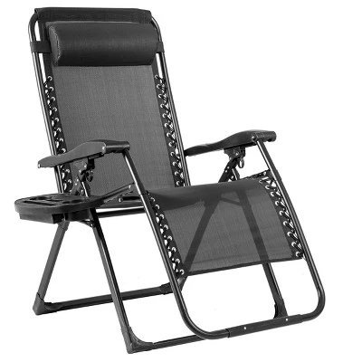 Tangkula Oversized Zero Gravity Lounge Chair Folding Recliner W/ Cup Holder & Pillow, Black 9 Tangkula Oversized Zero Gravity Lounge Chair Folding Recliner W/ Cup Holder & Pillow, Black - Image 9