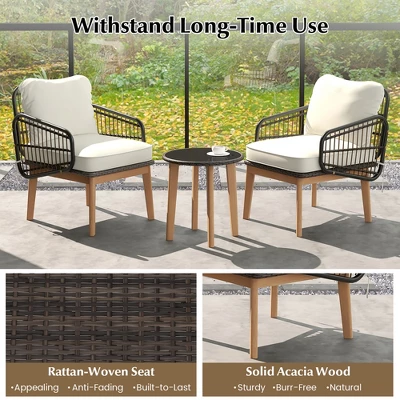 Tangkula 3-Piece Patio Rattan Bistro Set with Acacia Wood Frame 5 Tangkula 3-Piece Patio Rattan Bistro Set with Acacia Wood Frame - Image 5
