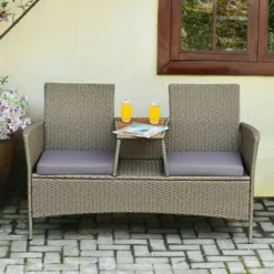 Tangkula Outdoor Patio Rattan Loveseat Sofa with Built-in Acacia Wood Table -Tangkula Shop GUEST fceac120 4bb7 4a1e 89db e5a1db61194c