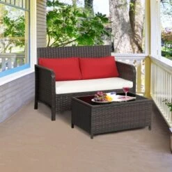 Tangkula 2PCS Patio Rattan Furniture Set Loveseat W/Coffee Table For Garden Porch Backyard Brown -Tangkula Shop GUEST fd234e6d 5635 428d 8be4 77927f1642df