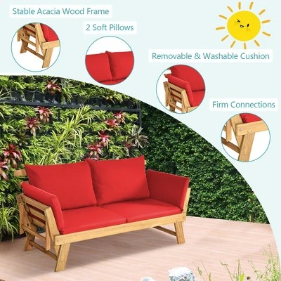 Tangkula Adjustable Patio Sofa Daybed Acacia Wood Furniture W/ Red Cushions 6 Tangkula Adjustable Patio Sofa Daybed Acacia Wood Furniture W/ Red Cushions - Image 6