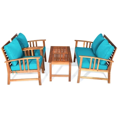 Tangkula 4pcs Wooden Patio Furniture Set Table & Sectional Sofa W/ Turquoise Cushion 7 Tangkula 4pcs Wooden Patio Furniture Set Table & Sectional Sofa W/ Turquoise Cushion - Image 7