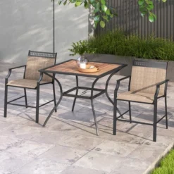 Tangkula Patio Table For 4 People W/ Umbrella Hole Wood-Like Tabletop Metal Support Legs