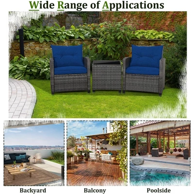 Tangkula 3-Piece Outdoor Wicker Conversation Set with Navy Cushions 7 Tangkula 3-Piece Outdoor Wicker Conversation Set with Navy Cushions - Image 7