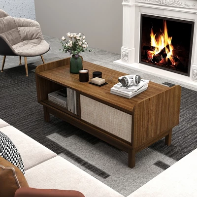 Tangkula Rectangular Coffee Table W/ Storage Weaving Sliding Door & Adjustable Shelf 2 Tangkula Rectangular Coffee Table W/ Storage Weaving Sliding Door & Adjustable Shelf - Image 2