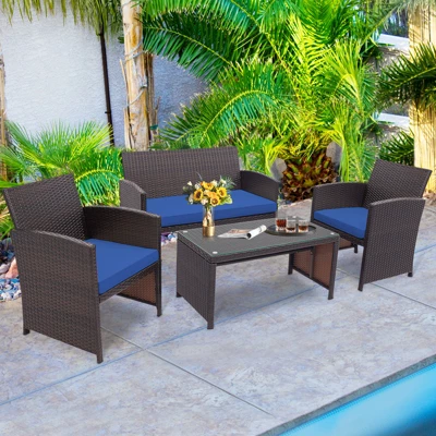 Tangkula 4PCS Outdoor Patio Furniture Sets Weather-Resistant Rattan Sofas W/ Soft Cushion Navy 2 Tangkula 4PCS Outdoor Patio Furniture Sets Weather-Resistant Rattan Sofas W/ Soft Cushion Navy - Image 2