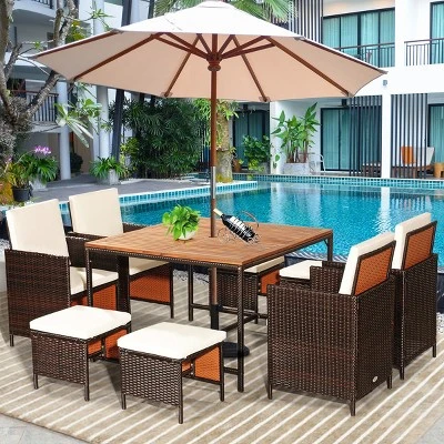 Tangkula 9-Piece Outdoor Patio Dining Set with Acacia Wood Table - White 1 Tangkula 9-Piece Outdoor Patio Dining Set with Acacia Wood Table - White