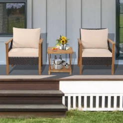 Tangkula 3-Piece PE Wicker & Acacia Wood Outdoor Conversation Set