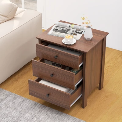 Tangkula 3-Drawer Nightstand Wooden Bedside Table Modern Side End Table Walnut 3 Tangkula 3-Drawer Nightstand Wooden Bedside Table Modern Side End Table Walnut - Image 3