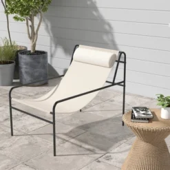 Tangkula Patio Sling Chair Modern Accent Chair W/ Removable Headrest & Sturdy Metal Frame