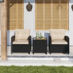 Tangkula 3-Piece Rattan Patio Conversation Set with Glass Top Coffee Table