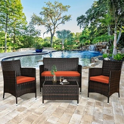 Tangkula 4-Piece Patio Rattan Furniture Set with Orange Cushions 2 Tangkula 4-Piece Patio Rattan Furniture Set with Orange Cushions - Image 2
