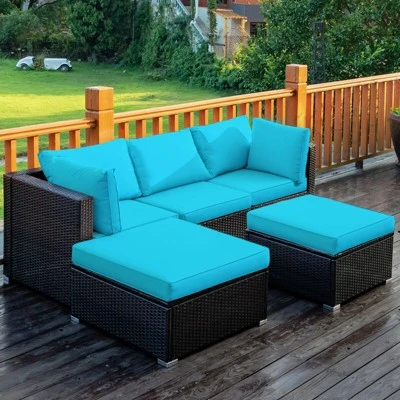 Tangkula 5-Piece Outdoor Patio Sectional Rattan Wicker Conversation Sofa Set With Turquoise/Yellowish Cushions 3 Tangkula 5-Piece Outdoor Patio Sectional Rattan Wicker Conversation Sofa Set With Turquoise/Yellowish Cushions - Image 3