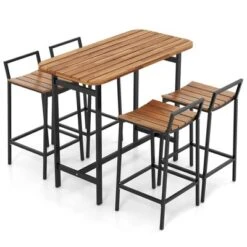 Tangkula 5-Piece Acacia Wood Patio Bar Set with 4 Bar Height Chairs